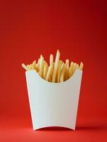 ai généré Vide français frites boîte maquette dans plaine rouge isolé Contexte photo