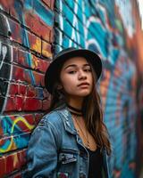 ai généré une fille dans Urbain vêtement de rue penché sur une graffiti mur photo