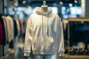 ai généré photo de une blanc sweat à capuche sur mannequin à l'intérieur de Vêtements boutique