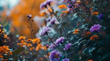 ai généré une floue photo de violet et Orange fleurs