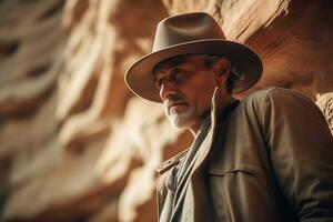 ai généré une homme portant chapeau permanent dans une Roche canyon photo