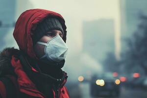ai généré une homme portant une masque contre air la pollution photo