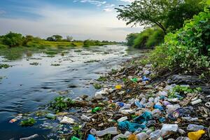 ai généré l'eau la pollution avec une pollué berge de rivière jonché avec Plastique déchets photo