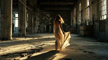 ai généré coup de une femme en marchant par un abandonné industriel espace photo