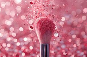 ai généré rose Contexte avec une maquillage brosse flottant dans confettis photo