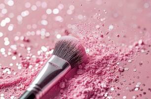 ai généré rose Contexte avec une maquillage brosse flottant dans confettis photo