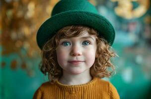 ai généré peu garçon dans vert lutin chapeau souriant lutin photo