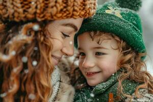 ai généré femme donne enfant une trèfle chapeau photo