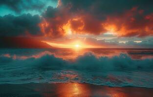 ai généré haute définition horizon image pendant lever du soleil de des nuages et vagues photo