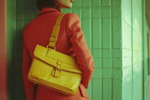 ai généré coloré femme dans brillant tenue avec Jaune sac photo