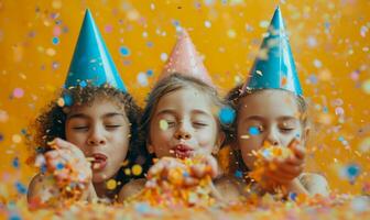 ai généré Trois les filles avec fête Chapeaux soufflant confettis dans le coin, photo