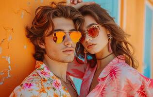 ai généré le Jeune couple est posant ensemble avec leur des lunettes de soleil photo