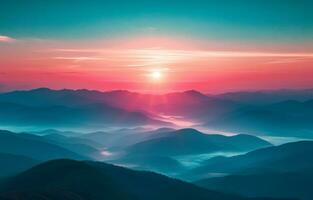 ai généré lever du soleil plus de une colline au dessus montagnes photo