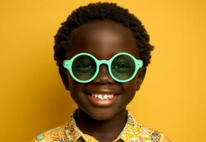 ai généré mignonne garçon portant vert des lunettes de soleil tandis que souriant dans caméra sur une Jaune Contexte photo