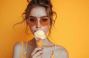 ai généré une Jeune femme portant des lunettes de soleil en mangeant une cône de la glace crème photo