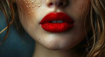 ai généré rouge rouge à lèvres fait du une fille Regardez magnifique photo