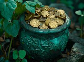 ai généré une pot de pièces de monnaie séance sur Haut de feuilles photo
