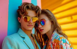 ai généré le Jeune couple est posant ensemble avec leur des lunettes de soleil photo