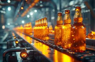 ai généré pilsner production lager brasseries sont départ à utilisation une Nouveau Bière bouteille convoyeur photo