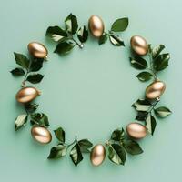 ai généré Pâques dans cercle avec or des œufs et feuilles photo