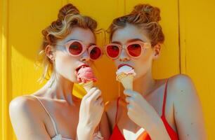 ai généré Dames en mangeant la glace crème et en mangeant des lunettes de soleil sur Jaune Contexte photo
