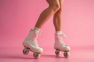 ai généré jambe avec rouleau patins sur une rose arrière-plan, lumière rose et blanc photo