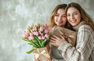 ai généré aimant les mères avec présente avec tulipes et bouquet photo
