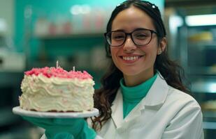 ai généré femelle scientifique ayant anniversaire avec anniversaire avec gâteau dans main scientifique photo