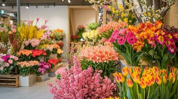 ai généré une animé afficher de fleurs dans divers teintes, attrayant les clients dans une vibrant printemps promotion photo