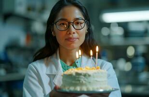 ai généré femelle scientifique ayant anniversaire avec anniversaire avec gâteau dans main scientifique photo