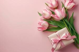 ai généré cadeau présentation pour femme avec tulipes sur rose Contexte photo