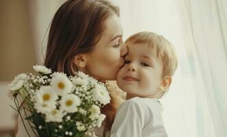 ai généré mère baisers fils à Accueil en portant fleurs pour les mères journée photo