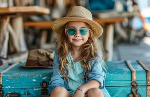 ai généré peu fille séance dans de face de valise avec lunettes de soleil et chapeau photo