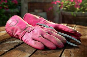 ai généré réversible rose jardinage gants et pinces sur en bois table avec bois Contexte photo