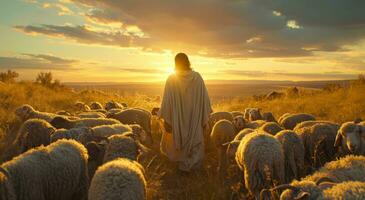 ai généré Jésus des stands dans une troupeau avec agneaux à la recherche à le le coucher du soleil photo