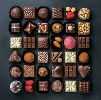 ai généré certains des chocolats sur une plat noir surface réaliste réaliste précision photo