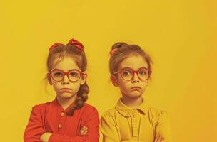 ai généré deux mignonne enfant dans des lunettes avec bras plié photo