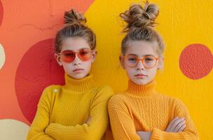 ai généré deux mignonne enfant dans des lunettes avec bras plié photo