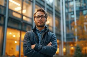 ai généré cette est le photo de une homme permanent dans de face de un Bureau bâtiment