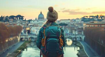 ai généré Voyage et tourisme nouvelles femmes dans ville photo