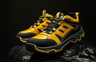 ai généré Jaune et noir des chaussures sont montré sur une noir Contexte photo