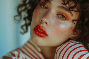 ai généré femme dans rouge et blanc rayures pose avec rouge à lèvres sur sa lèvres photo