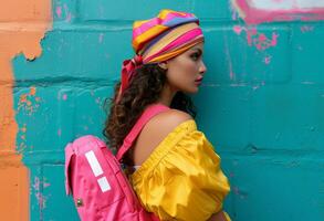 ai généré femme portant coloré tenue et sac photo