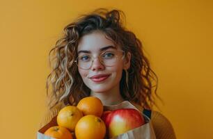 ai généré femme avec papier épicerie sac porter photo