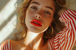ai généré femme dans rouge et blanc rayures pose avec rouge à lèvres sur sa lèvres photo