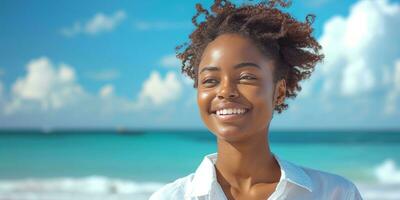 ai généré femme dans blanc chemise souriant à le plage sur une ensoleillé journée photo