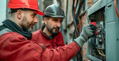 ai généré Hommes réparer chauffage et air conditionnement appareil photo