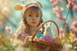 ai généré Jeune fille en portant Pâques lapin chapeau en portant une panier de Pâques des œufs photo
