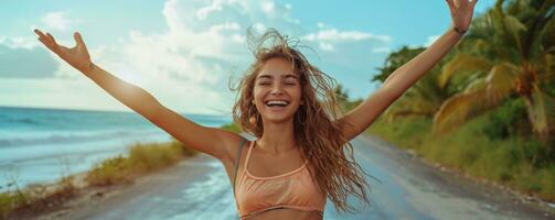 ai généré magnifique fille, Jeune homme, sur une plage route avec agitant bras photo