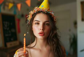 ai généré le caméra est concentré sur une Jeune femme avec une fête chapeau et soufflant une anniversaire bougie photo